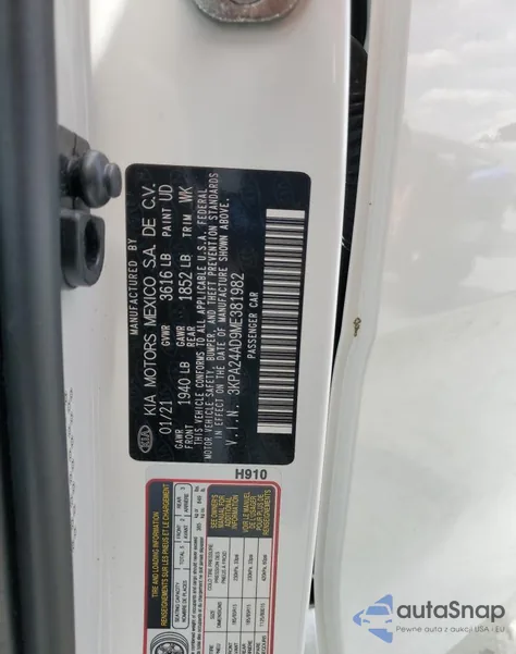 2021 Kia Rio Lx z USA, uszkodzony, nr VIN 3KPA24AD9ME381982